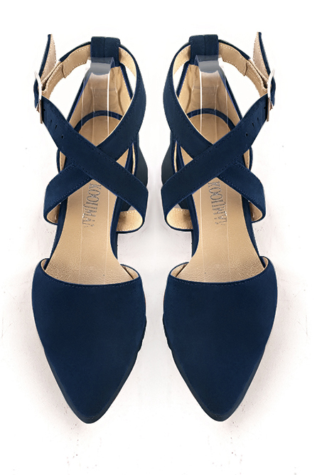 Navy blue women's open side shoes, with crossed straps.. Top view - Florence KOOIJMAN